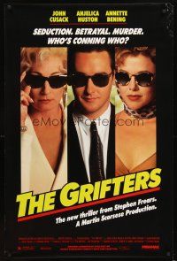 3z308 GRIFTERS 1sh '90 John Cusack, Annette Bening & Anjelica Huston all wearing sunglasses!