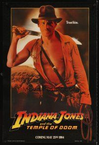 3z368 INDIANA JONES & THE TEMPLE OF DOOM teaser 1sh '84 art of Harrison Ford, trust him!
