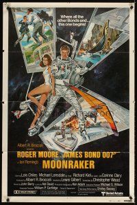 3z525 MOONRAKER style B int'l 1sh '79 Roger Moore as James Bond, cool different action art!