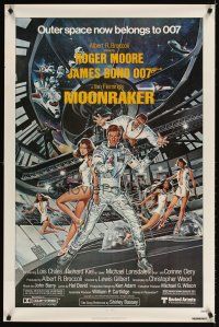 3z523 MOONRAKER 1sh '79 art of Roger Moore as James Bond & sexy Lois Chiles by Goozee!
