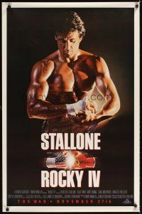 3z667 ROCKY IV advance 1sh '85 great image of champ Sylvester Stallone wrapping his hands!