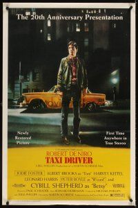 3z776 TAXI DRIVER 1sh R96 classic art of Robert De Niro by cab, directed by Martin Scorsese!