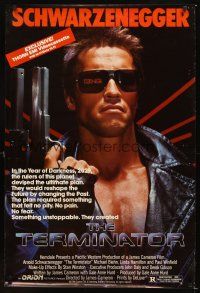 3z780 TERMINATOR video 1sh '84 close up of most classic cyborg Arnold Schwarzenegger with gun!