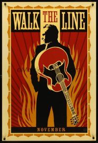 3z856 WALK THE LINE style A teaser DS 1sh '05 really cool artwork of Joaquin Phoenix as Johnny Cash