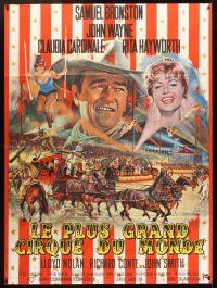 3x679 CIRCUS WORLD French 1p '65 best art of Claudia Cardinale & John Wayne by Jean Mascii!