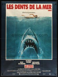 3x786 JAWS French 1p '75 art of Steven Spielberg classic man-eating shark attacking sexy swimmer!