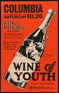 3x154 WINE OF YOUTH WC '24 King Vidor, cool art of young lovers kissing inside wine bottle!