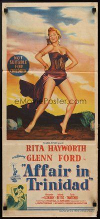3y429 AFFAIR IN TRINIDAD Aust daybill '52 art of sexiest Rita Hayworth laughing in skimpy outfit!