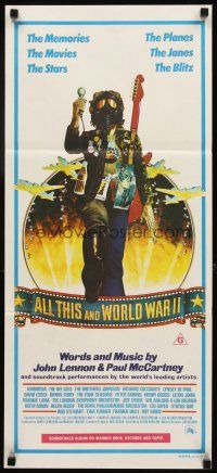 3y440 ALL THIS & WORLD WAR II Aust daybill '77 Lennon & McCartney, hippie w/gas mask & bombers art