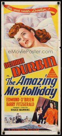 3y441 AMAZING MRS. HOLLIDAY Aust daybill '43 art of Deanna Durbin, c/u & in bed!