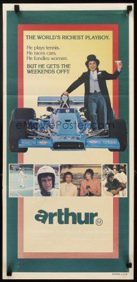 3y455 ARTHUR Aust daybill '81 different image of drunk Dudley Moore by F1 race car!