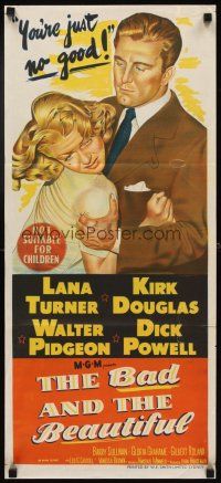 3y463 BAD & THE BEAUTIFUL Aust daybill '53 great art of Kirk Douglas roughing up sexy Lana Turner!