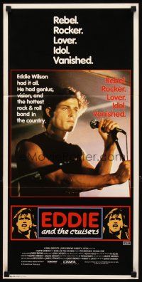 3y573 EDDIE & THE CRUISERS Aust daybill '83 close up of Michael Pare with mic, rock 'n' roll!