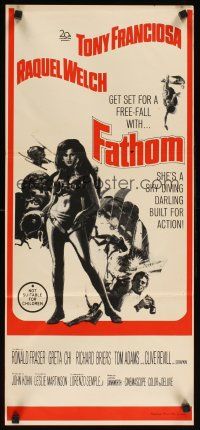 3y594 FATHOM Aust daybill '67 art of sexy nearly-naked Raquel Welch in parachute harness!