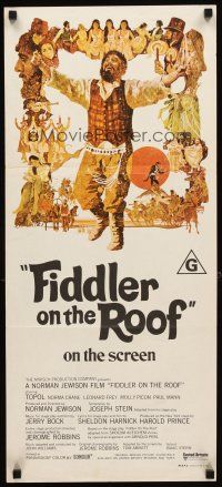 3y595 FIDDLER ON THE ROOF Aust daybill '71 cool artwork of Topol & cast by Ted CoConis!