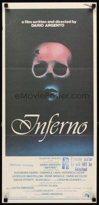 3y687 INFERNO Aust daybill '80 Dario Argento horror, cool skull & bleeding mouth image!