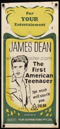 3y693 JAMES DEAN: THE FIRST AMERICAN TEENAGER Aust daybill '76 his story will startle you!