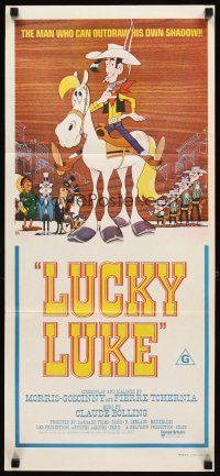 3y749 LUCKY LUKE Aust daybill '71 Daisy Town, great western cartoon art of cowboy on horse!