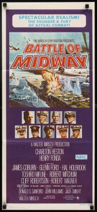 3y776 MIDWAY Aust daybill '76 Charlton Heston, Henry Fonda, dramatic naval battle art!