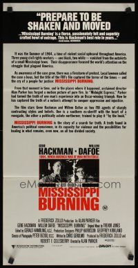3y777 MISSISSIPPI BURNING Aust daybill '88 great image of Gene Hackman & Willem Dafoe!