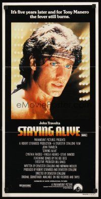 3y958 STAYING ALIVE Aust daybill '83 close-up of John Travolta in Saturday Night Fever sequel!