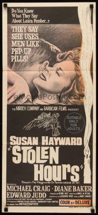 3y961 STOLEN HOURS Aust daybill '63 Susan Hayward, they say she uses men like pep-up pills!