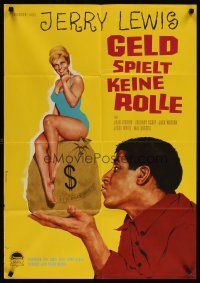 3y266 IT'S ONLY MONEY German '63 Peltzer art of private eye Jerry Lewis w/money bag & sexy girl!