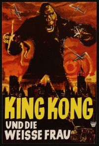 3y169 KING KONG 2-sided German 8x12 R60s Fay Wray, Robert Armstrong, cool art of ape over city!