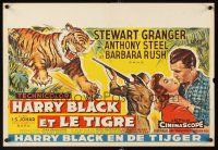 4a431 HARRY BLACK & THE TIGER Belgian '58 art of tiger leaping at hunter Stewart Granger with gun!