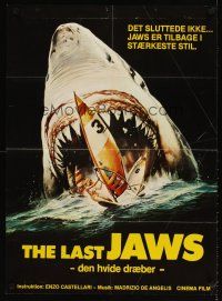 4a572 GREAT WHITE Danish '82 Levillain artwork of huge shark attacking windsurfers!