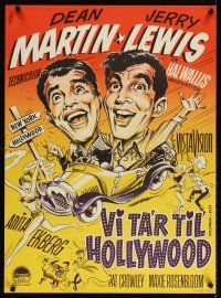 4a576 HOLLYWOOD OR BUST Danish '60 Gaston art of Dean Martin & Jerry Lewis in car, Anita Ekberg!