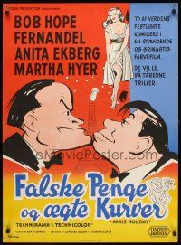 4a608 PARIS HOLIDAY Danish '59 Wenzel art of Bob Hope, Fernandel, sexy Anita Ekberg & Martha Hyer!