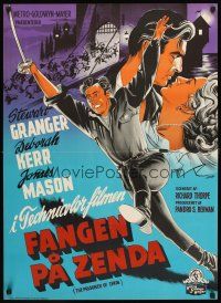 4a614 PRISONER OF ZENDA Danish '53 Gaston art of Stewart Granger kissing pretty Deborah Kerr!