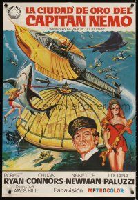 4a134 CAPTAIN NEMO & THE UNDERWATER CITY Spanish '70 artwork of cast, scuba divers & cool ship!