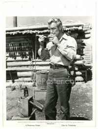 4b769 SHANE 8x11 key book still '51 close up of Alan Ladd drinking from tin cup by log cabin!