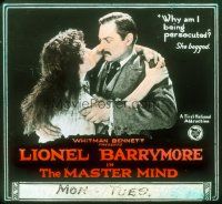 4e109 MASTER MIND glass slide '20 Lionel Barrymore in suit & tie embracing Gypsy O'Brien!