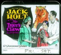 4e151 TIGER'S CLAW glass slide '23 art of Jack Holt & Eva Novak with jungle cat!