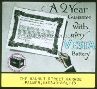 4e158 VESTA BATTERY glass slide '20s a two year guarantee with every one, cool certificate!