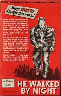 4e395 HE WALKED BY NIGHT pressbook '48 cool artwork of Richard Basehart looming over Los Angeles!