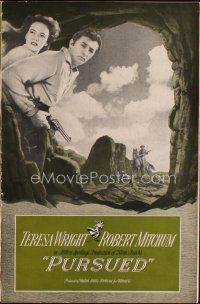 4e422 PURSUED pressbook '47 great images of Robert Mitchum with gun & Teresa Wright!
