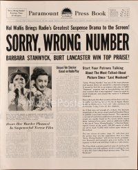 4e433 SORRY WRONG NUMBER pressbook '48 art of Burt Lancaster & Barbara Stanwyck on phone!