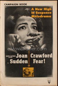 4e436 SUDDEN FEAR pressbook '52 great close up of terrified Joan Crawford, Jack Palance