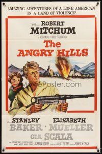 4c041 ANGRY HILLS 1sh '59 Robert Aldrich, cool artwork of Robert Mitchum with big machine gun!