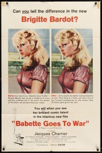 4c057 BABETTE GOES TO WAR 1sh '60 sexy art of soldier Brigitte Bardot, can you tell the difference