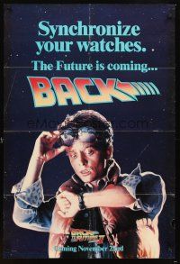 4c062 BACK TO THE FUTURE II teaser DS 1sh '89 Michael J. Fox as Marty, synchronize your watch!