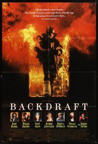 4c063 BACKDRAFT int'l 1sh '91 firefighter Kurt Russell in blazing fire, directed by Ron Howard!