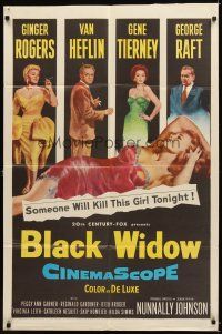 4c101 BLACK WIDOW 1sh '54 Ginger Rogers, Gene Tierney, Van Heflin, George Raft, sexy art!