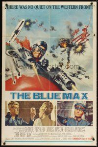 4c107 BLUE MAX w/COA 1sh '66 great artwork of WWI fighter pilot George Peppard in airplane!