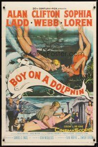 4c119 BOY ON A DOLPHIN 1sh '57 art of Alan Ladd & sexiest Sophia Loren swimming underwater!