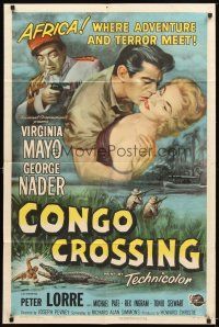 4c191 CONGO CROSSING 1sh '56 art of Peter Lorre pointing gun at Virginia Mayo & George Nader!